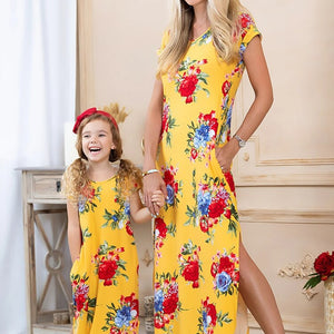 Summer matching family outfits Mom and daughter British round neck round hem slit women&#39;s dress For Mommy and me clothes