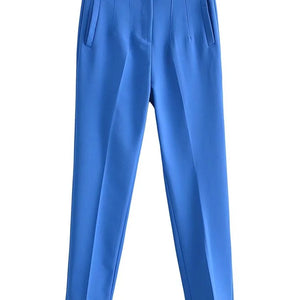 Light Blue Chic Fashion Office Wear Straight Pants Vintage High Waist Zipper Fly Female Trousers Fashion 2022
