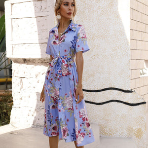 Woman Summer Elegant Flower Print Midi Dress Button Sashes Party Casual Slim Office Lady Vestidos V Neck Short Sleeve Dresses
