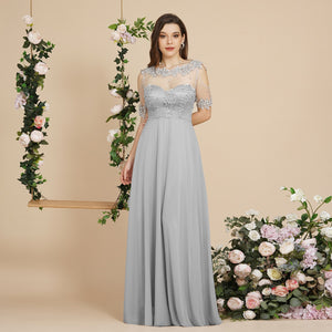 Bridesmaid Dress Pearl Beads Illusion Short Sleeve Boho Formal  Party Guest Gowns Chiffon A Line Dresses Women