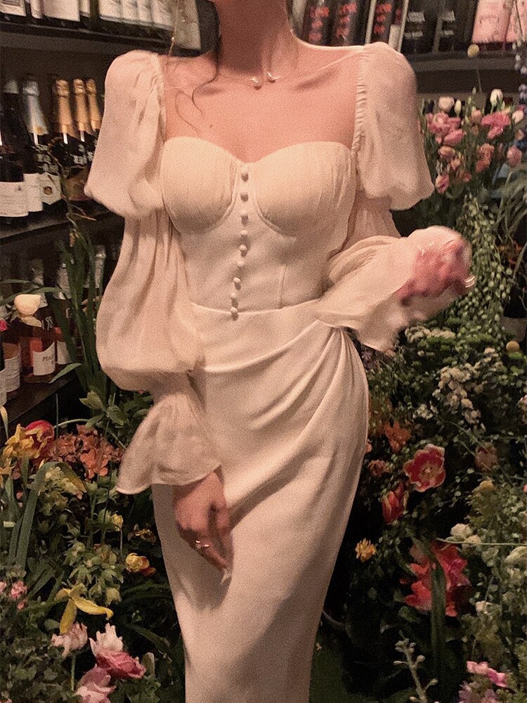 Vintage Women Fashion Elegant Puff Sleeve Midi Corset Maxi Dresses Evening Prom Female Party Lady Clothes Vestdios Summer 2022