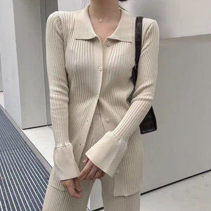 Sweater Solid Color Suits Women Matching Sets Oversize Fleece Pants Roll Collar Knitted Top Flare sleeve Lazy Urban Style