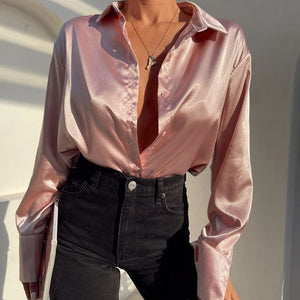 Satin Elegant Women Shirt Green Button Up Lapel Loose Office Ladies Shirts Top 2022 New Spring Summer Long Sleeve Blouse Tops