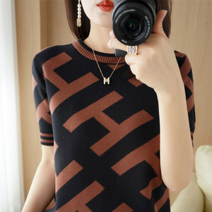 New women&#39;s cashmere sweater short-sleeve spring and summer loose knitted cashmere short-sleeve T-shirt