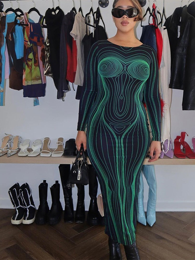 Sexy Streak 3D Printing Maxi Dress Women Hipster O Neck Long Sleeve Straight Robe Female High Street Backless Bodycon Dresses
