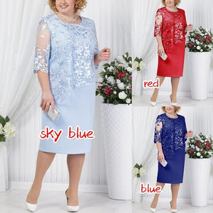 2023 Women Plus Size Dress O-neck Midi Loose Dress S-5XL Lady Evening Lace Mesh Sexy Elegant Dress Female Clothing