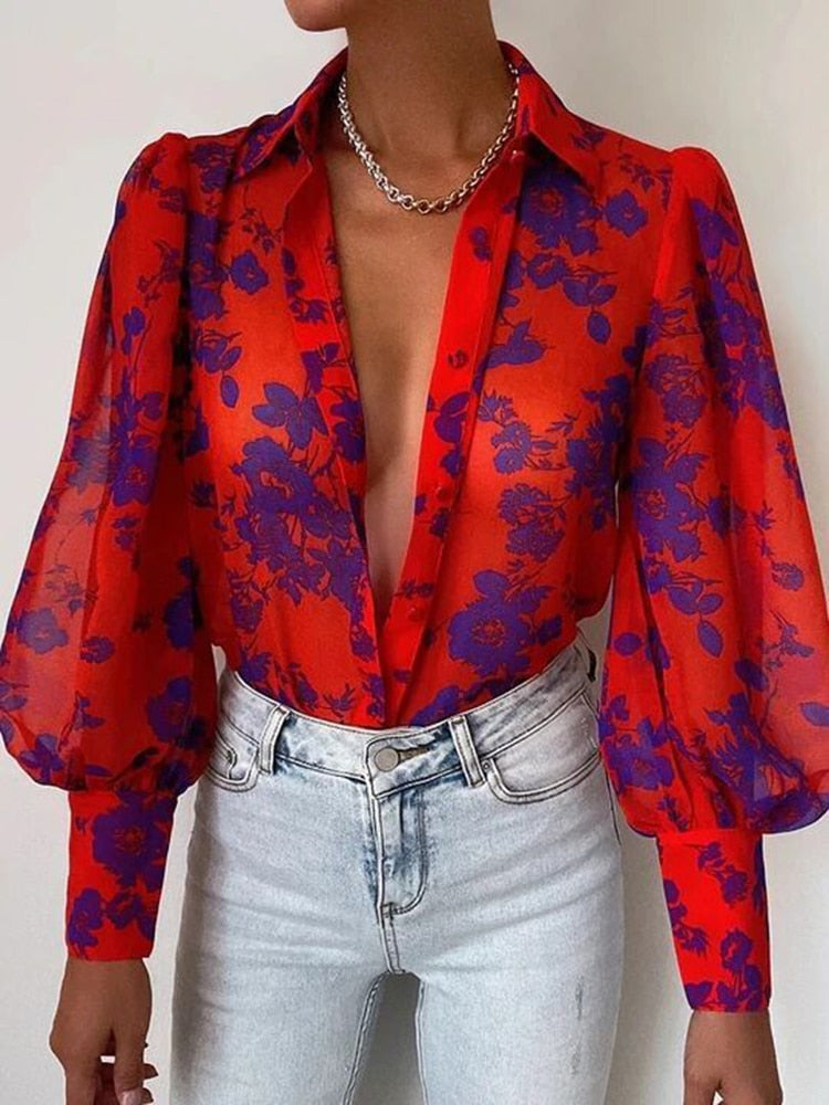 Women Elegant Floral Print Puff Long Sleeve V Neck Blouse Spring Summer Office Button Luxury Shirt Vintage Oversized Tops Tunics
