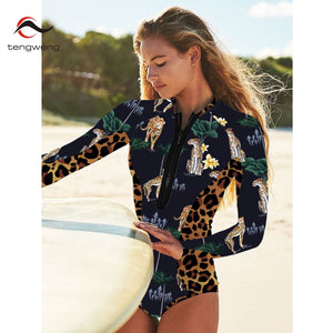 2022 Sports Women&#39;s Rashguard Long Sleeves One Piece Swimsuit Floral Printed Swimwear Zipper Monokini Surf Bathing Suit Bodysuit