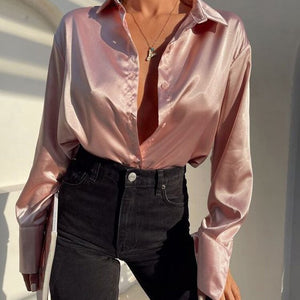 Satin Elegant Women Shirt Green Button Up Lapel Loose Office Ladies Shirts Top 2022 New Spring Summer Long Sleeve Blouse Tops