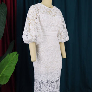 Elegant Women White Lace Dresses Bodycon Summer Three Quarter Sleeves Large Size 3XL 4XL Party Event Wedding Bridesmaid Outfits