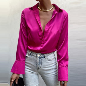 Satin Elegant Women Shirt Green Button Up Lapel Loose Office Ladies Shirts Top 2022 New Spring Summer Long Sleeve Blouse Tops