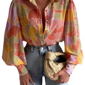 Women Elegant Floral Print Puff Long Sleeve V Neck Blouse Spring Summer Office Button Luxury Shirt Vintage Oversized Tops Tunics