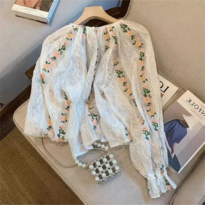 Summer Women Lace Floral Embroidery Blouses Ladies Sexy Mesh Transparent Elegant Fashion All-Match See-through White Shirts Lady