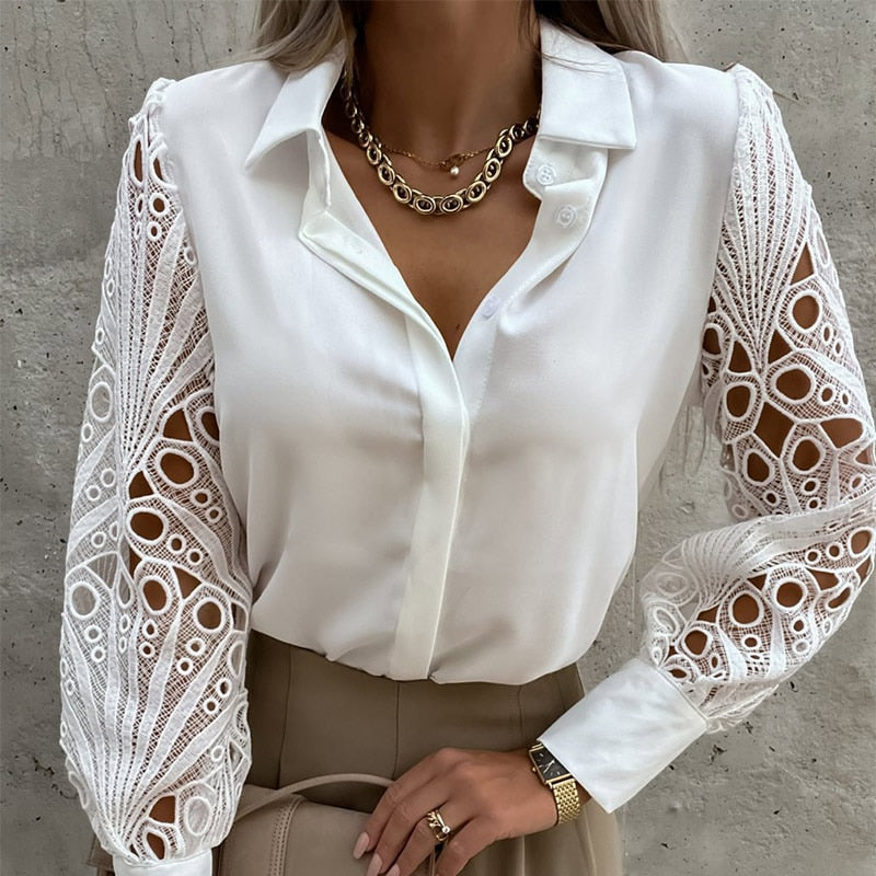 Satin Hollow Out Women&#39;s Shirt Lace Patchwork Lapel Fashion Sexy Mesh Office Ladies Shirts 2022 Spring White Button Top Female