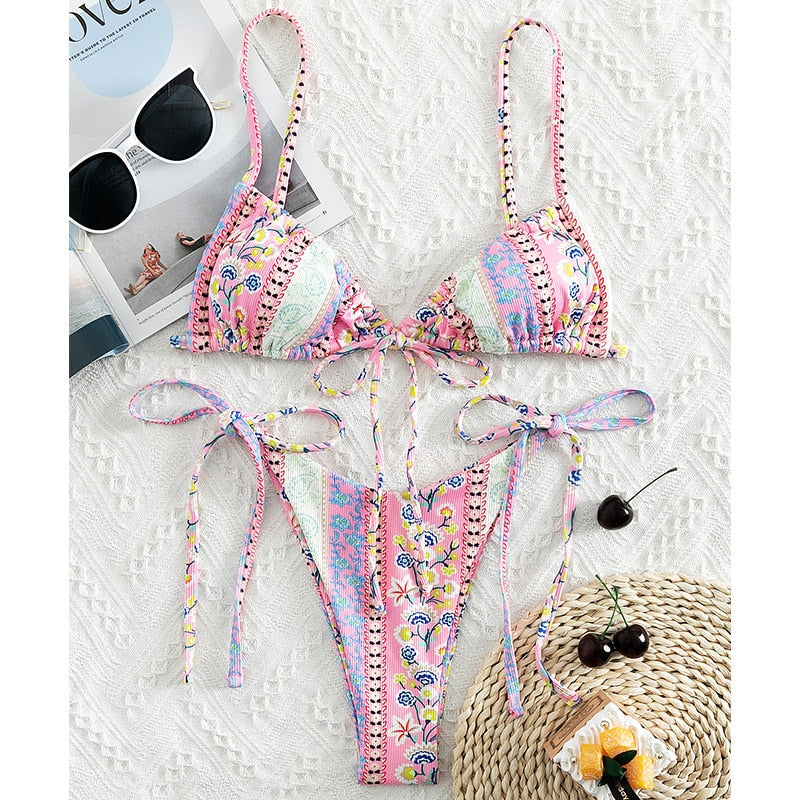 MYTENG Floral Print String Bandage Bikini Set Swimwear Women Summer Sexy Push Up Bathing Suit Beachwear Halter Biqiuni Swimsuit