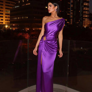 Purple One Shoulder Evening Dress Elegant High Waist Party Prom Gowns Formal Dress Long Verstido Spring Women Slit Maxi Dress