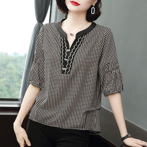 Women Spring Summer Style Blouses Shirts Lady Casual Loose Style V-Neck Half Lantern Sleeve Plaid Printed Blusas Tops