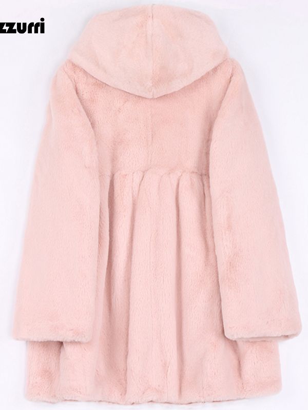 Nerazzurri Autumn Winter Pink Fluffy Soft Light Faux Fur Jacket Women with Hood High Waist Korean Fashion Clothing 2022 6xl  7xl