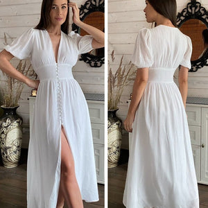 Clacive White Sexy Single-Breasted Women'S Dress 2022 Elegant Short Sleeve V-Neck Party Dresses Lady Casual Slim Midi Dress