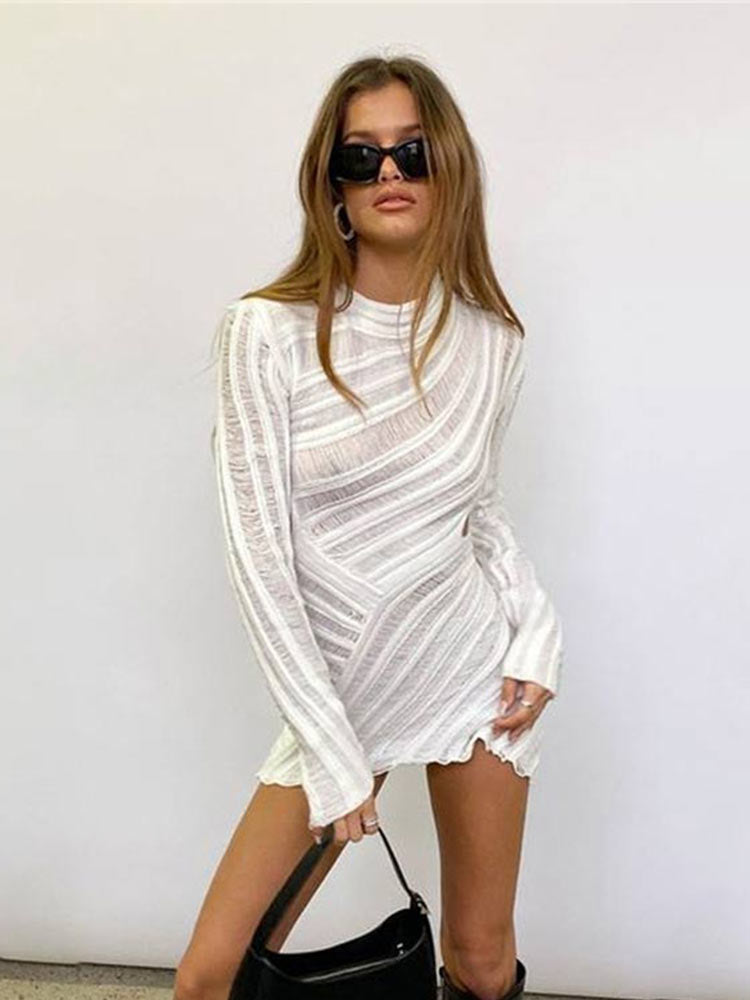 Hollow Out Long Sleeve Knitted Mini Dress Women Sexy White Bodycon Slim Dresses 2022 Autumn Female Streetwear Dresses