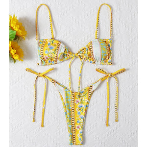MYTENG Floral Print String Bandage Bikini Set Swimwear Women Summer Sexy Push Up Bathing Suit Beachwear Halter Biqiuni Swimsuit