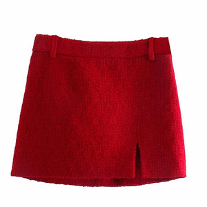 xikom 2021 Tweed Two pieces set Women red Vintage O Neck Long Sleeve Office Lady slim Blazer Coat Female Hight Waist skirt suit
