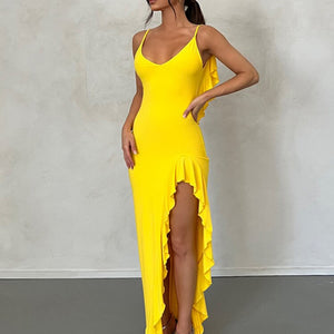 2023 Summer Women&#39;s Dresses Sexy Backless Bodycon Mermaid Dresses with Ruffle Trim Yellow Elegant Evening Party Dresses