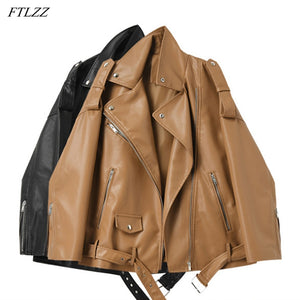 FTLZZ Spring Autumn Faux Leather Jackets Women Loose Casual Coat Female Drop-shoulder Motorcycles Locomotive Outwear With Belt