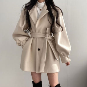 Women Solid Wool Blend Coat Slim Fit Belt Coats Female Warm Cotton Thicker V-neck Office Lady Elegant Trendy Button Outwear Ins