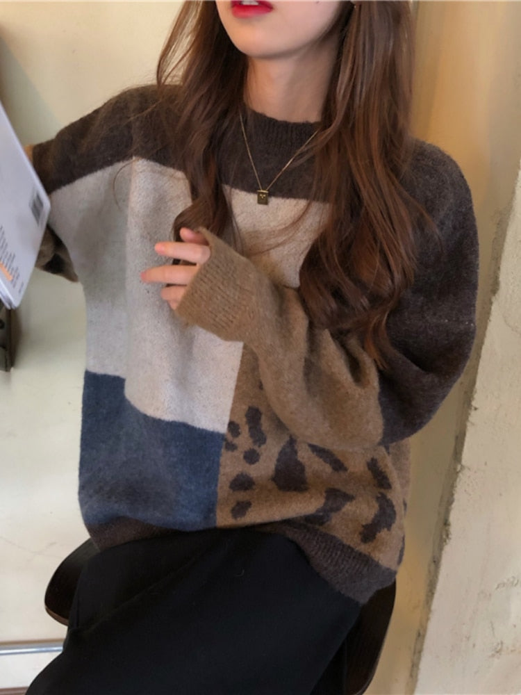 H.SA 2022 Women Vintage Leopard Pullover And Sweaters Winter Patchwork Brown Knit Jumpers Loose Style Korean Slim Pull Jumpers