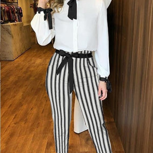 Tied Detail Top &amp; Polka Dot Print Pants Set Casual Women Two Piece Set Outfits Office Workwear