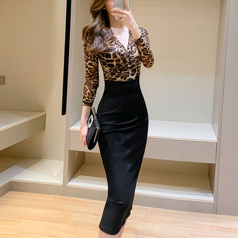 Spring Summer V-neck Leopard Patchwork Bodycon Dress Female Long Sleeve Sexy Evening Party Robe Vestidos Women Elegant Dresses