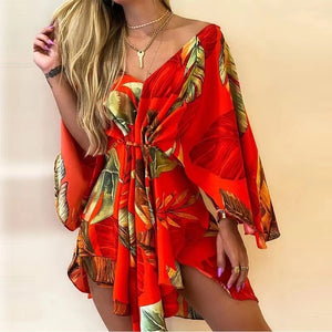 2022 New Summer Beach Elegant Women Dresses Sexy V Neck Lace-up Floral Print Mini Dress Casual Flared Sleeves Ladies Party Dress
