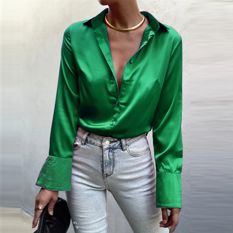 Satin Elegant Women Shirt Green Button Up Lapel Loose Office Ladies Shirts Top 2022 New Spring Summer Long Sleeve Blouse Tops