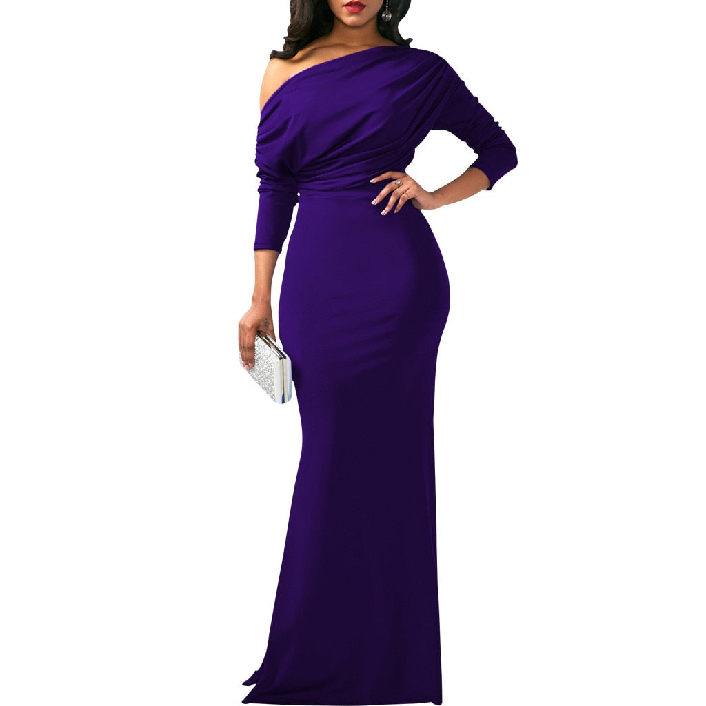 Women Oblique Shoulder Slim Folds Long Dress Elegant Evening Party Floor Length Dresses Vestido de festa