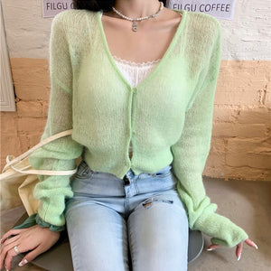 Soft Sweater Cardigan Thin Female New Spring Cashmere Mohair Short Slim Long Sleeve Jacket Cute Streetwear Women