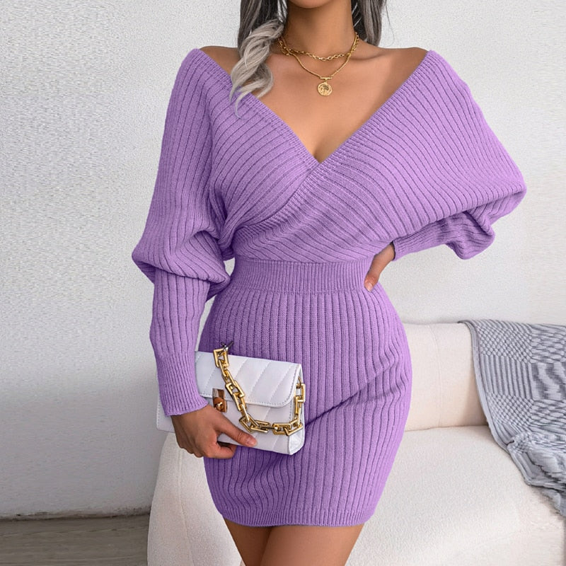 New In Mini Dress For Women 2022 Sexy Cross V-neck Solid Colors Lift Hip Evening Party Dresses Long Sleeve Skirt Sweater Dresses
