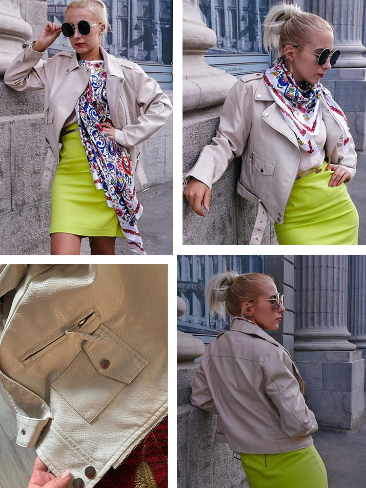 Ftlzz Spring Autumn Women Faux Leather Jacket Slim Streetwear Khaki Leather Coat Biker Moto Jacket with Belt Female Outerwear