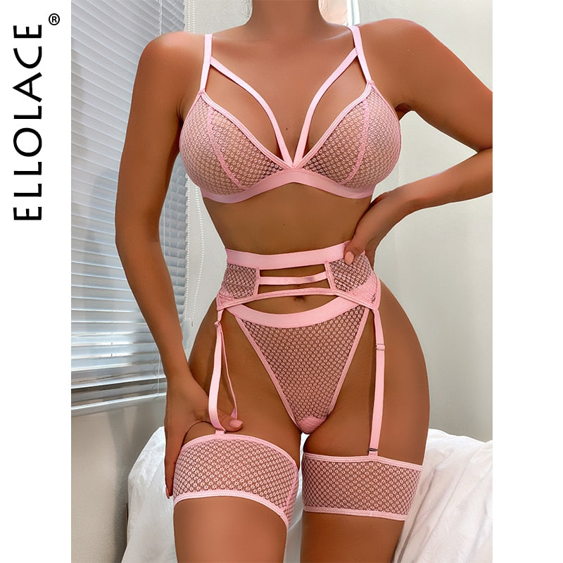 Ellolace Lingerie Women&#39;s Underwear Set Mesh Lace Transparent Bra Sexy Lingerie Set 3 Piece Set Sexy Erotic Lingerie Set