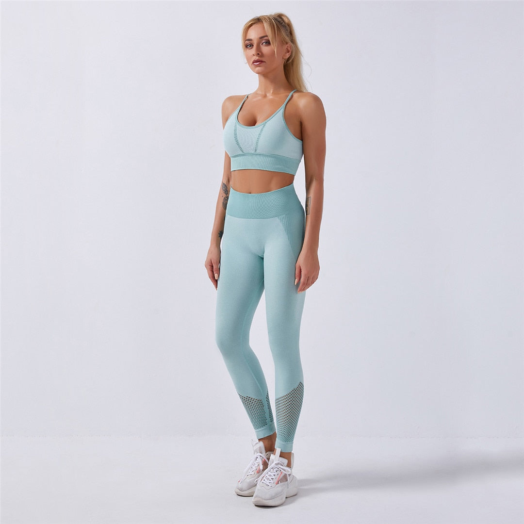 Seamless Sport Set Women Two Piece Crop Top Leggings Workout Clothes Outfit Hollow Fitness Gym Suit Sports Wear Yoga Sets A003