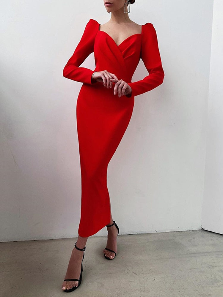InstaHot Elegant Party Women Dress Slim V Neck Long Sleeve Mid Calf Pencil Dress 2020 Casual Office Lady Solid Red Puff Sleeve