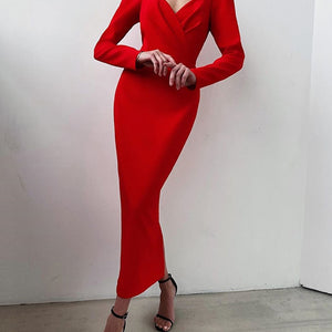 InstaHot Elegant Party Women Dress Slim V Neck Long Sleeve Mid Calf Pencil Dress 2020 Casual Office Lady Solid Red Puff Sleeve