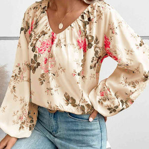 Floral V-Neck Balloon Sleeve Blouse