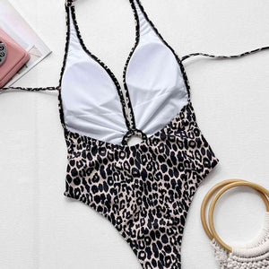 Leopard Halter Neck Ring Detail One-Piece Swimsuit