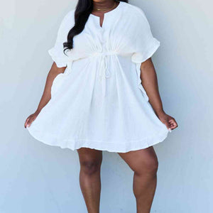 Ninexis Out Of Time Full Size Ruffle Hem Dress with Drawstring Waistband in White