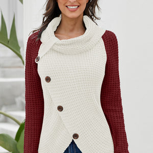 Button Cowl Neck Asymmetric Hem Wrap Pullover Sweater