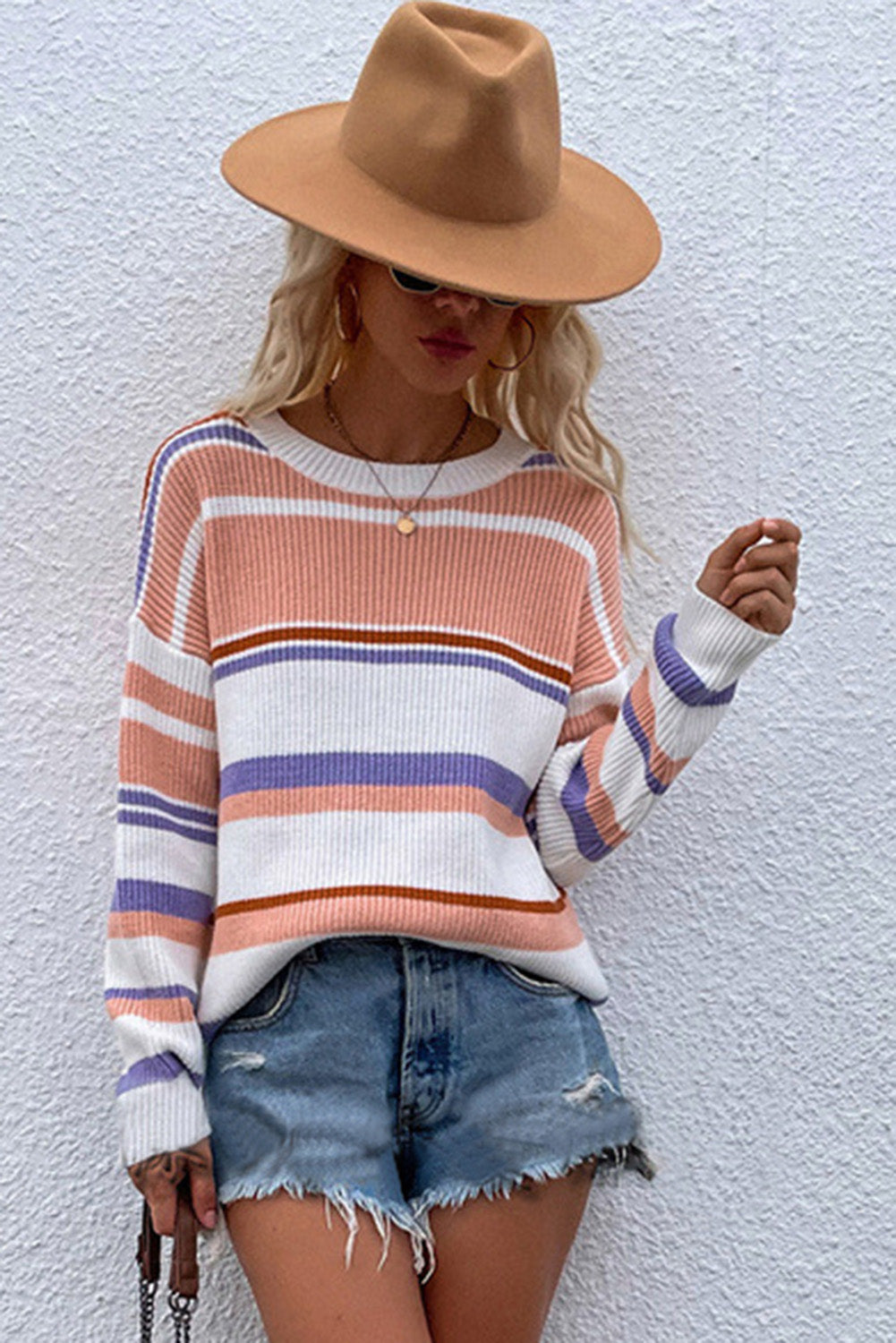 Knitted Crew Neck Striped Color Block Sweater