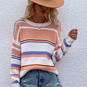 Knitted Crew Neck Striped Color Block Sweater