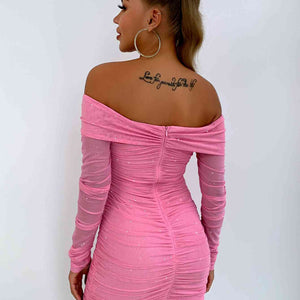 Glitter Ruched Off-Shoulder Long Sleeve Bodycon Dress