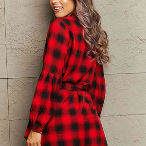 Plaid Tie Waist Balloon Sleeve Mini Dress